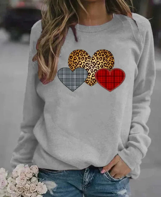 Sweatshirt femme – Coupe ample – Coton doux – Manches longues – Motifs cœurs graphiques