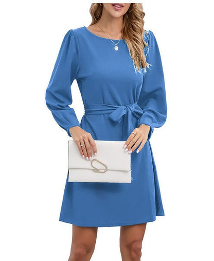 Robe midi femme – Coupe slim – Manches bouffantes – Taille ceinturée élégante