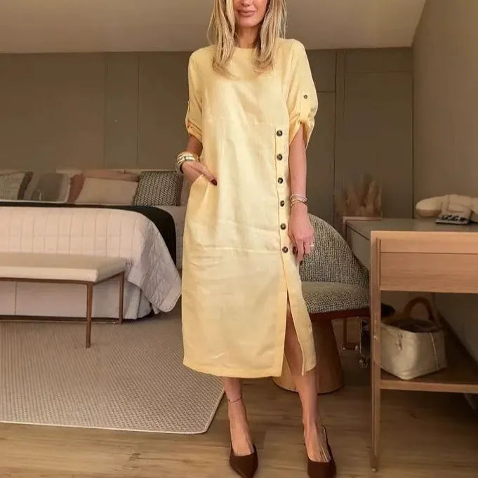 Robe midi femme – Coupe décontractée – Lin et coton – Manches courtes roulottées – Boutons côté