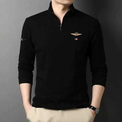T-shirt manches longues homme – Coupe slim – Coton – Col zippé – Logo brodé
