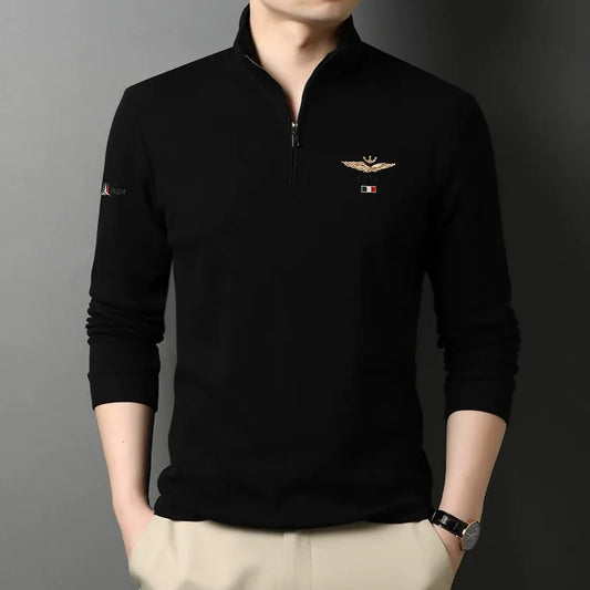 T-shirt manches longues homme – Coupe slim – Coton – Col zippé – Logo brodé
