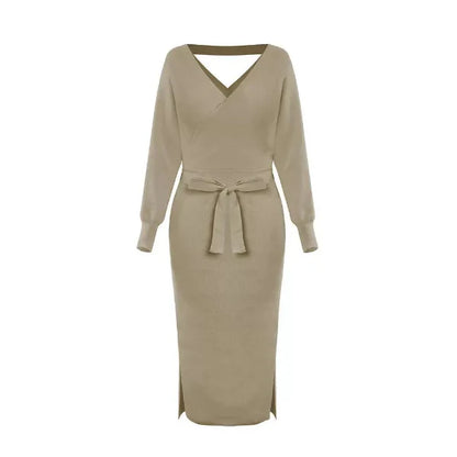 Robe pull femme – Coupe ajustée – Col en V – Longueur midi – Ceinture à nouer