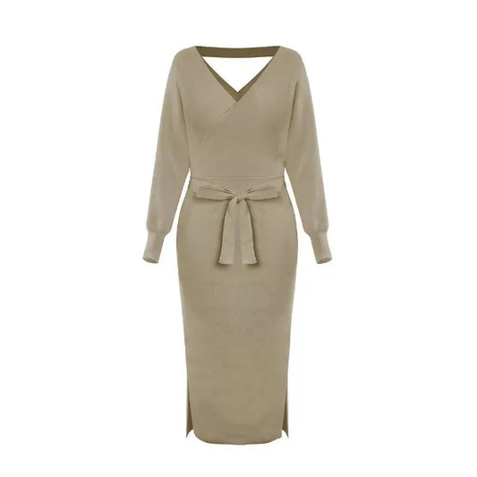 Robe pull femme – Coupe ajustée – Col en V – Longueur midi – Ceinture à nouer