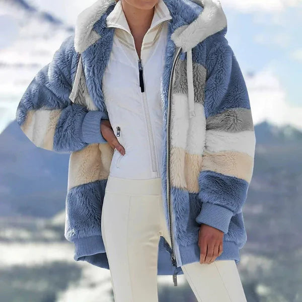 Veste à capuche femme – coupe oversize – fausse fourrure douce – fermeture zippée