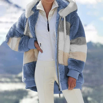 Veste à capuche femme – coupe oversize – fausse fourrure douce – fermeture zippée