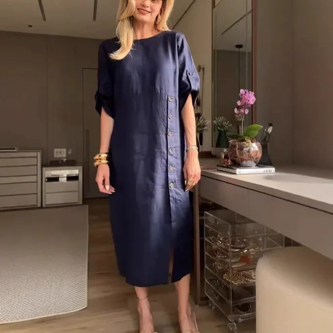 Robe midi femme – Coupe décontractée – Lin et coton – Manches courtes roulottées – Boutons côté