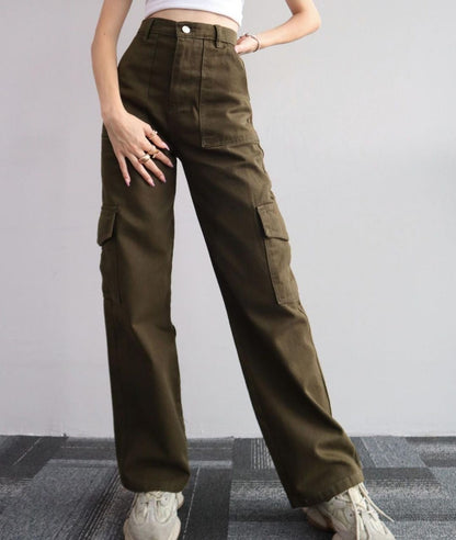 Femme Pantalon - Coton - Taille Haute - Coupe Décontractée - Jambe Droite - Poches Cargo