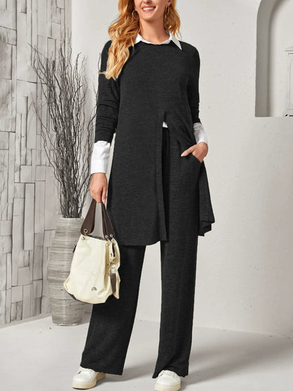 Tailleur femme deux pièces – Haut fendu long – Pantalon droit – Maille douce extensible