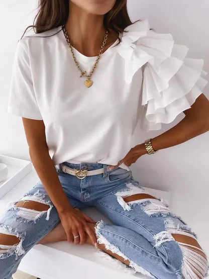 T-shirt femme – Coton doux – Coupe décontractée – Manches courtes – Épaule à volant asymétrique