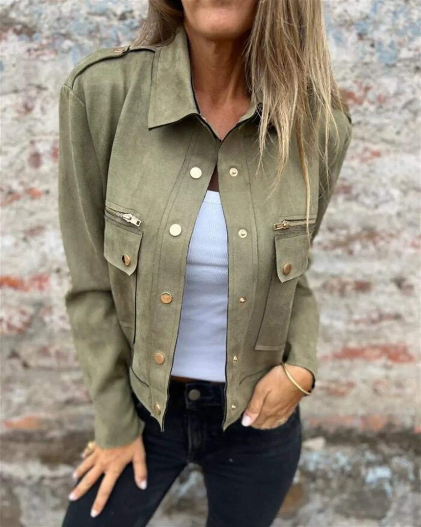 Veste femme en suédine – Coupe structurée – Col classique – Fermeture zippée