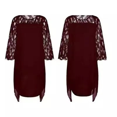 Robe midi femme – Coupe fluide – Chiffon léger – Dentelle – Manches 3/4 – Ourlet asymétrique