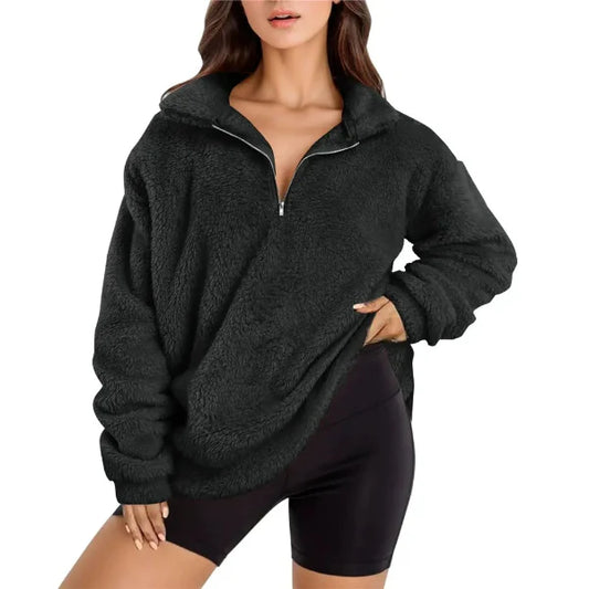 Sweat femme en polaire – Coupe oversize – Demi-zip – Col montant confortable