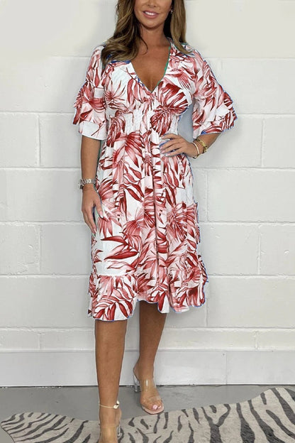 Robe Midi Femme – Coupe Ample – Taille Haute – Imprimé Botanique – Manches Volants