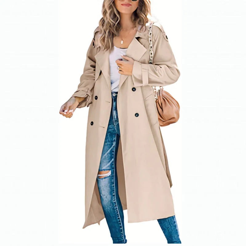 Manteau Trench Femme – Coupe Décontractée – Longue – Double Boutonnage – Large Revers