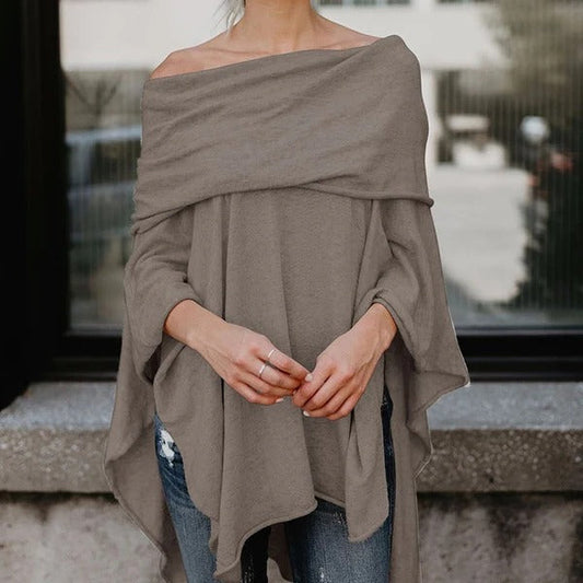 Top femme à manches longues – Épaules dénudées – Coupe ample – Ourlet asymétrique
