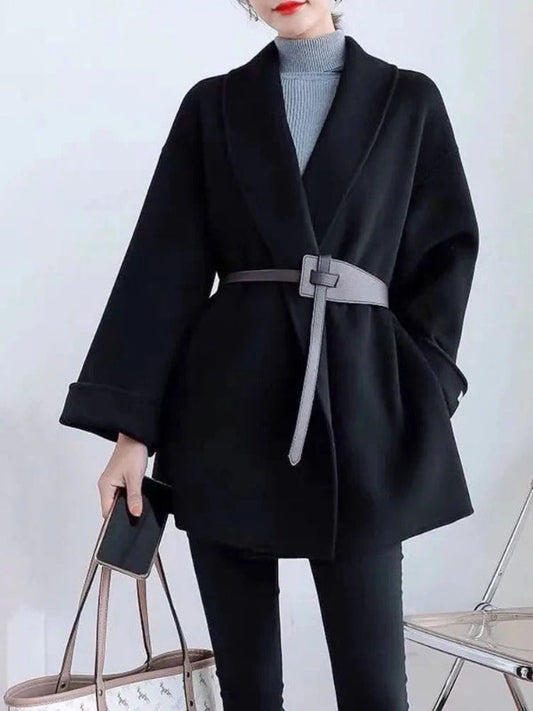 Femme Manteau - Laine Mélangée - Col Châle - Longueur Mi-Cuisse