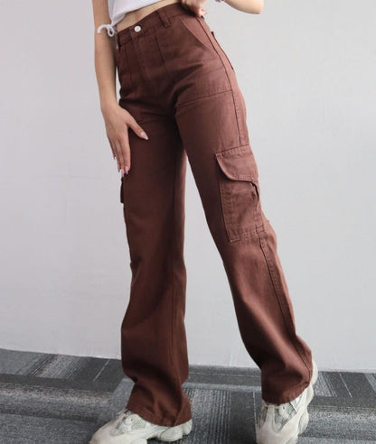 Femme Pantalon - Coton - Taille Haute - Coupe Décontractée - Jambe Droite - Poches Cargo