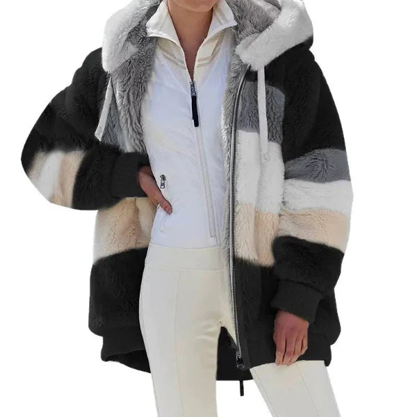 Veste à capuche femme – coupe oversize – fausse fourrure douce – fermeture zippée