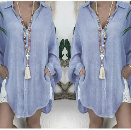 Blouse femme – Coupe oversize – Manches longues – Boutonnée – Coton lin léger