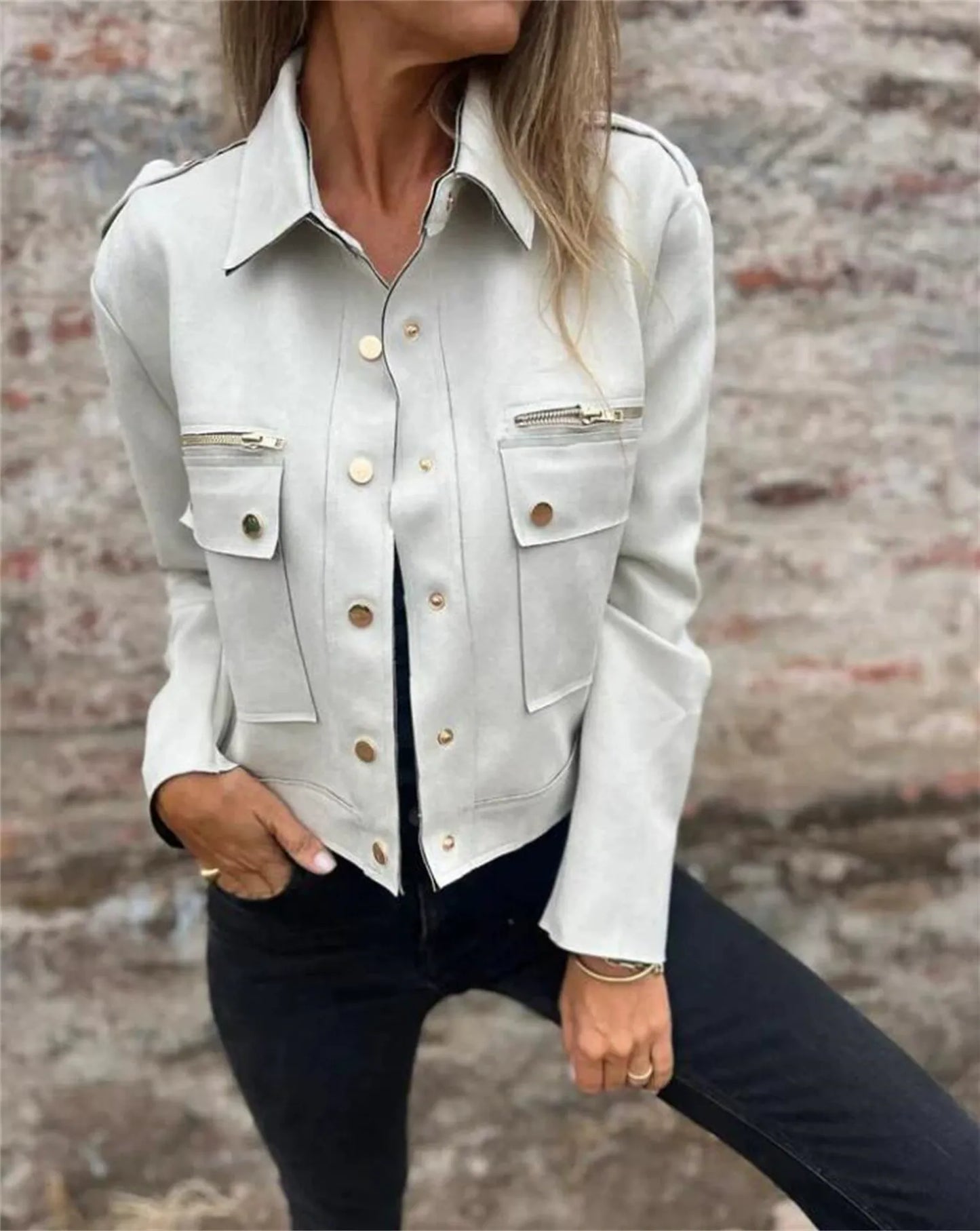 Veste femme en suédine – Coupe structurée – Col classique – Fermeture zippée