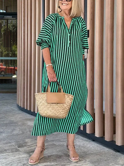 Robe midi femme – Coupe décontractée – Rayures – Col en V – Manches volantées