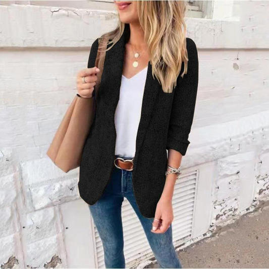 Veste blazer femme – Coupe slim – Revers cranté – Manches retroussées – Style court