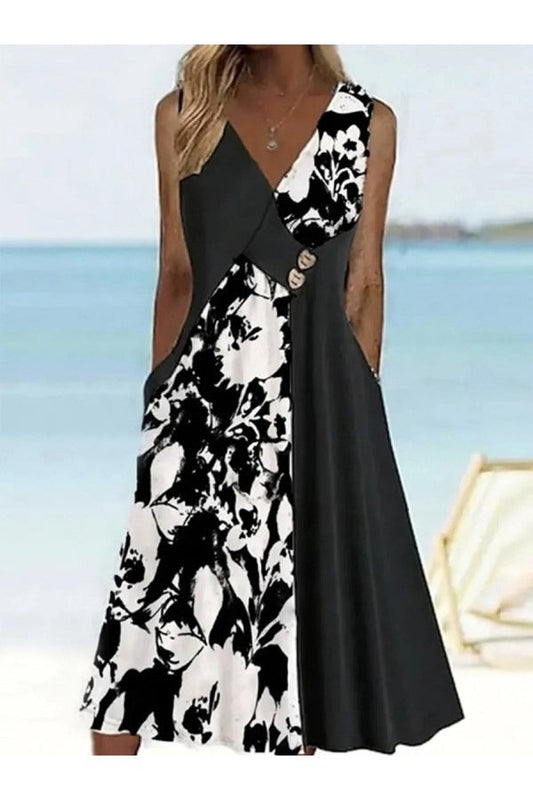 Robe Midi Femme – Coupe Évasée – Sans Manches – Décolleté V – Tissu Respirant