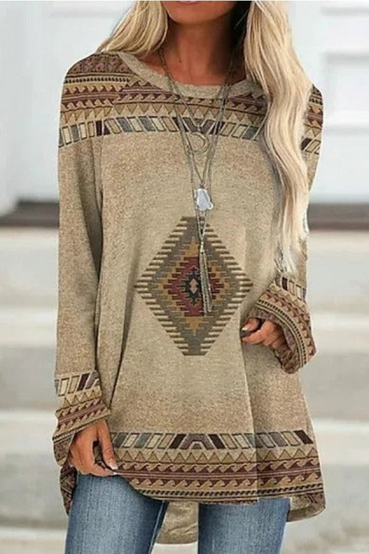 Sweatshirt femme – Coupe décontractée – Coton mélangé – Motif géométrique – Col rond manches longues