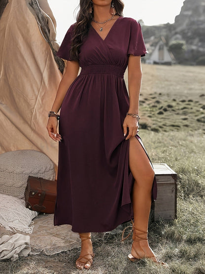 Robe longue femme – Coupe ajustée – Col en V – Manches évasées – Taille élastique – Fente élégante