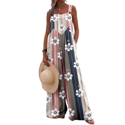 Combinaison femme – Coupe fluide – Imprimé fleuri – Sans manches – Tissu coton – Jambes larges