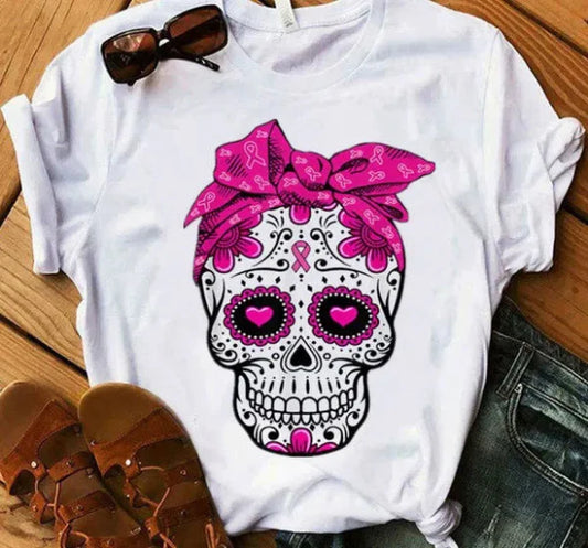 T-shirt femme – Coupe décontractée – Coton doux – Manches courtes – Imprimé tête de mort