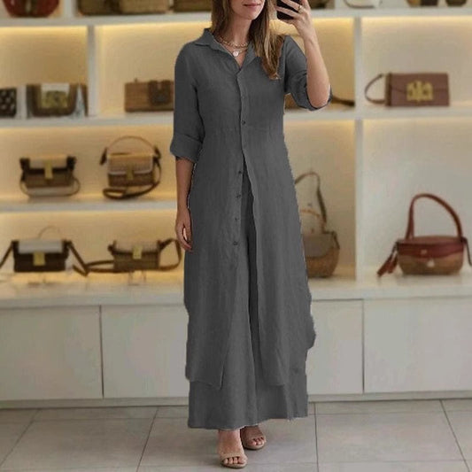 Ensemble Femme Deux Pièces – Haut Ample Boutonné – Pantalon Large – Coton Léger