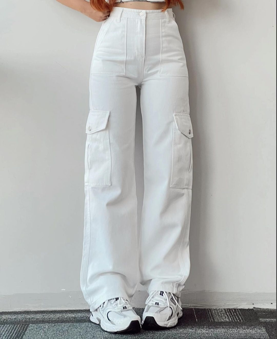 Femme Pantalon - Coton - Taille Haute - Coupe Décontractée - Jambe Droite - Poches Cargo