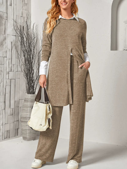 Tailleur femme deux pièces – Haut fendu long – Pantalon droit – Maille douce extensible