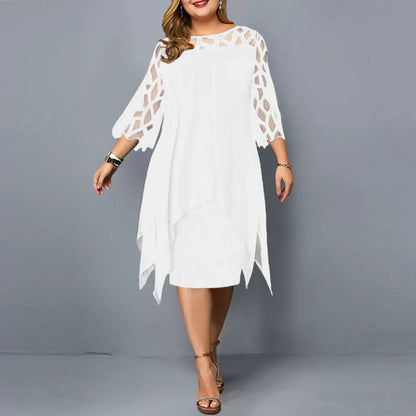 Robe midi femme – Coupe fluide – Chiffon léger – Dentelle – Manches 3/4 – Ourlet asymétrique