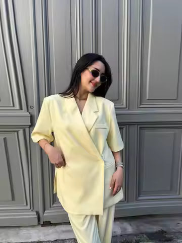 Blazer femme – Coupe oversize – Coton – Manches mi-longues – Col à revers