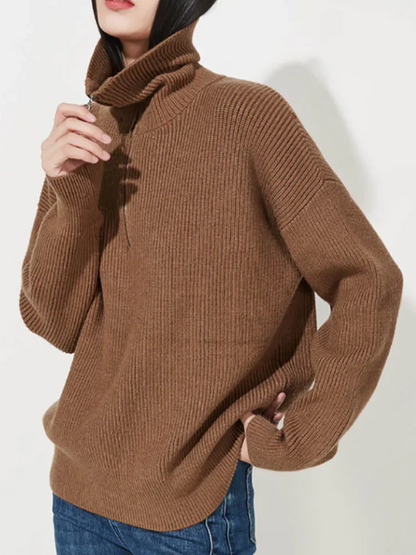 Pull femme – Laine – Coupe décontractée – Col zippé – Finitions côtelées