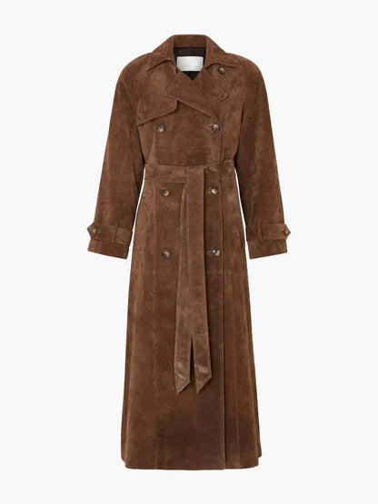 Manteau Trench Femme – Coupe Cintrée – Tissu Suédé – Longueur Cheville – Ceinture Ajustable