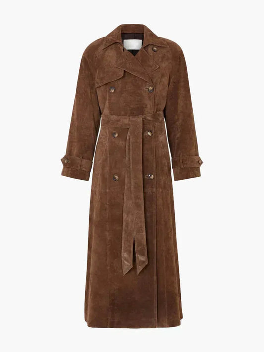 Manteau Trench Femme – Coupe Cintrée – Tissu Suédé – Longueur Cheville – Ceinture Ajustable