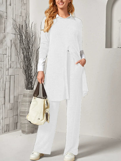 Tailleur femme deux pièces – Haut fendu long – Pantalon droit – Maille douce extensible