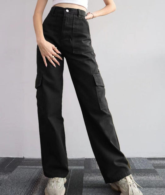 Femme Pantalon - Coton - Taille Haute - Coupe Décontractée - Jambe Droite - Poches Cargo