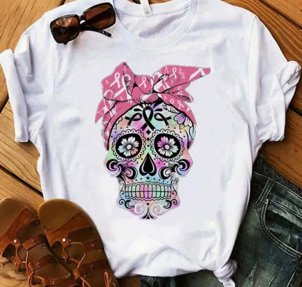 T-shirt femme – Coupe décontractée – Coton doux – Manches courtes – Imprimé tête de mort