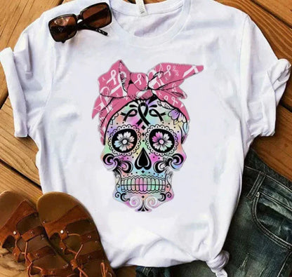 T-shirt femme – Coupe décontractée – Coton doux – Manches courtes – Imprimé tête de mort