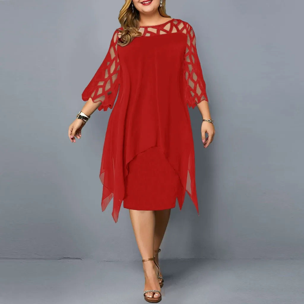 Robe midi femme – Coupe fluide – Chiffon léger – Dentelle – Manches 3/4 – Ourlet asymétrique