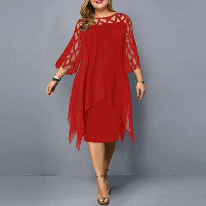 Robe midi femme – Coupe fluide – Chiffon léger – Dentelle – Manches 3/4 – Ourlet asymétrique