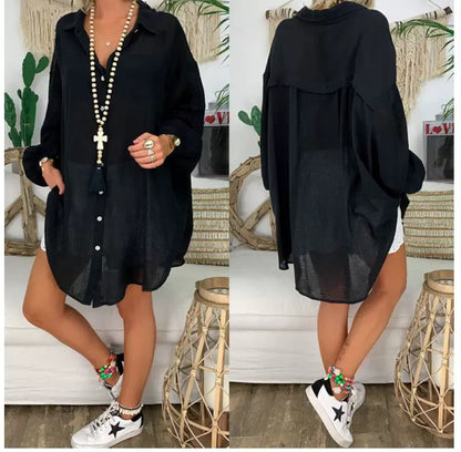Blouse femme – Coupe oversize – Manches longues – Boutonnée – Coton lin léger