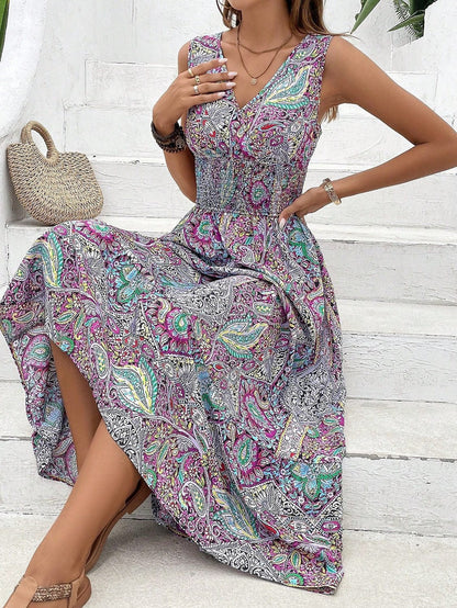 Robe midi femme – Coupe évasée fluide – Sans manches – Décolleté en V – Motifs imprimés