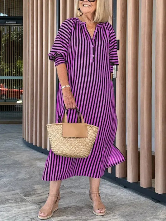Robe midi femme – Coupe décontractée – Rayures – Col en V – Manches volantées