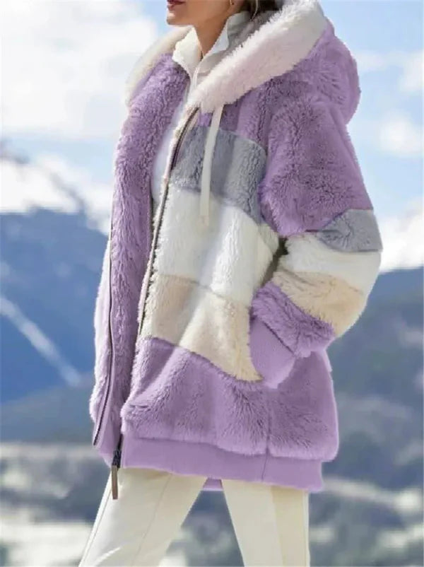 Veste à capuche femme – coupe oversize – fausse fourrure douce – fermeture zippée