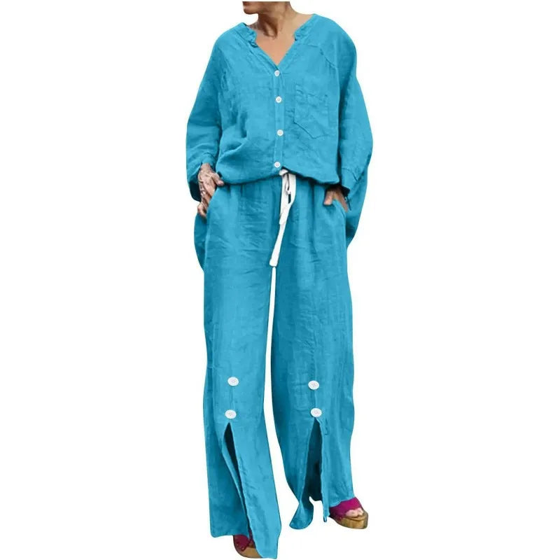 Ensemble Femme Deux Pièces – Cardigan Col V Boutonné – Pantalon Large Coton